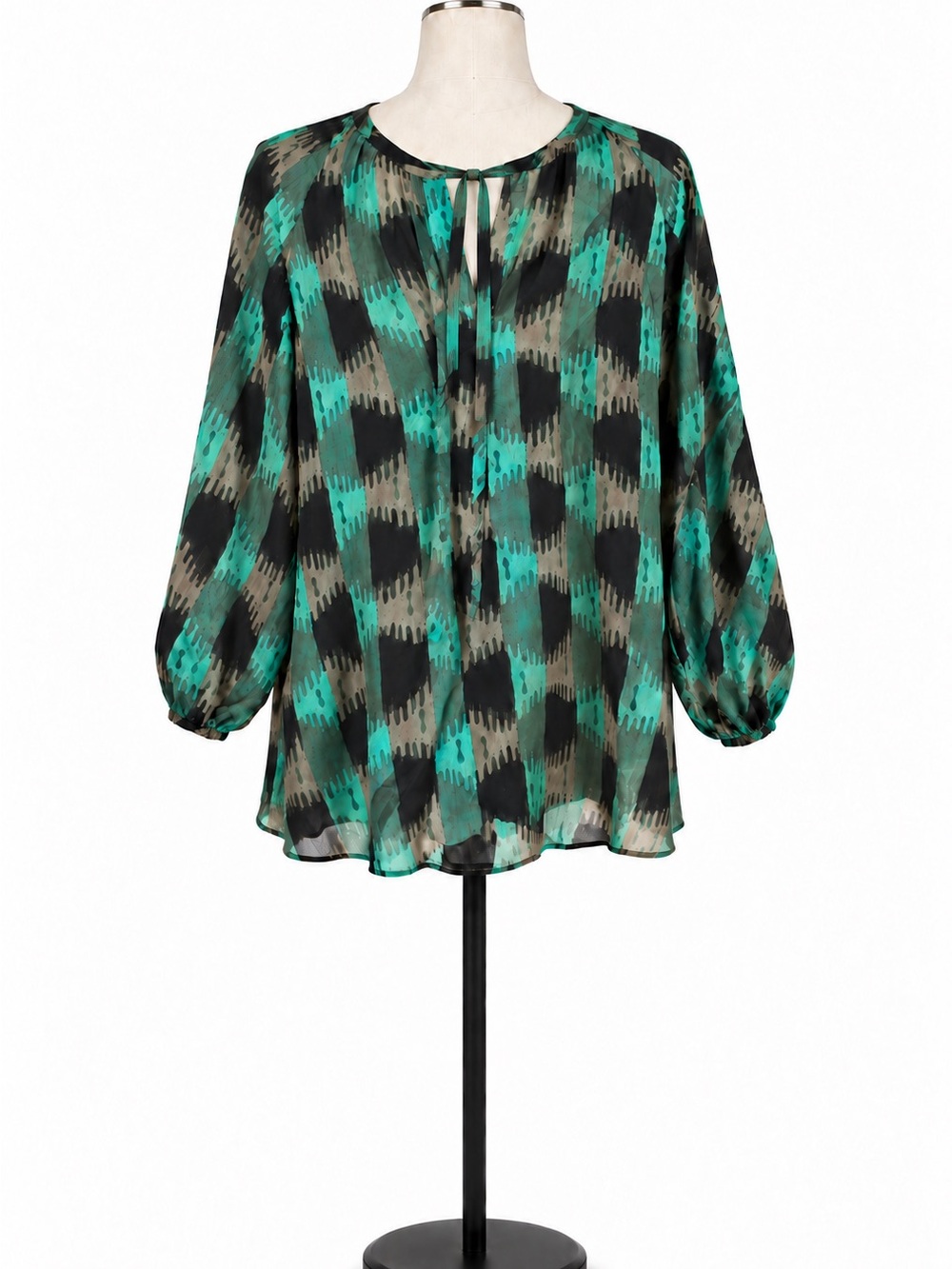 Tucker 100% Silk Tie-Neck Blouse Medium – Teal Abstract Print
